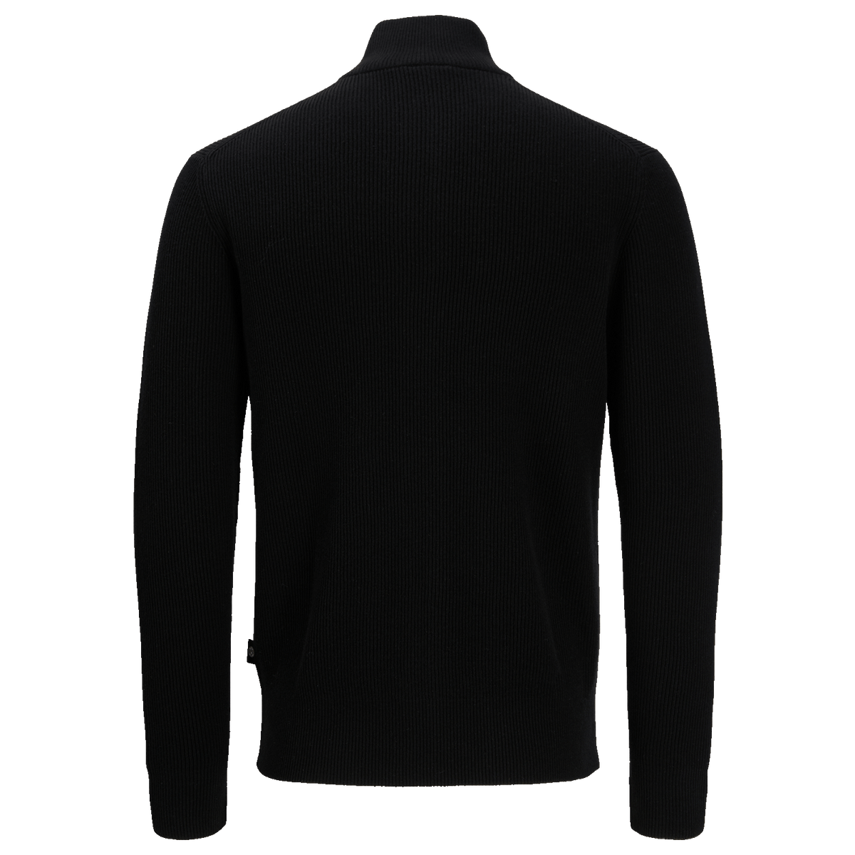 Vue de dos d'un pull noir à manches longues, confectionné en tricot.