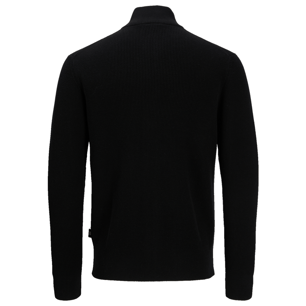Rückansicht eines schwarzen Pullovers mit langärmeligem Design, aus Strickmaterial gefertigt.