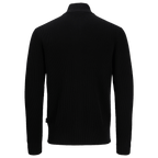 Rückansicht eines schwarzen Pullovers mit langärmeligem Design, aus Strickmaterial gefertigt.