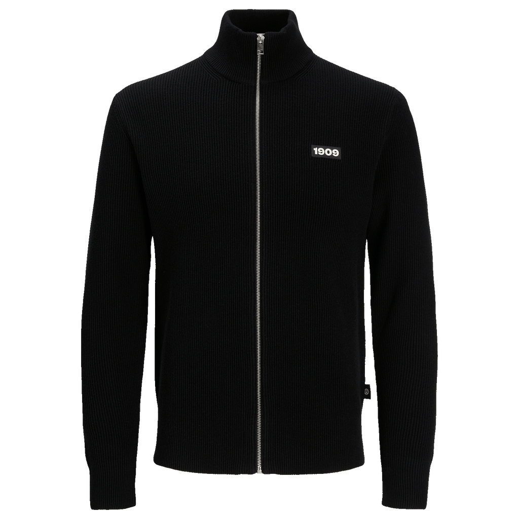 Schwarze Strickjacke aus Rippmaterial mit durchgehendem Reißverschluss, 1909-Logo auf der linken Brust und schlichtem Design, ideal für Fans von Borussia Dortmund.