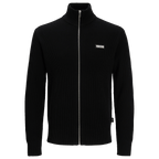 Schwarze Strickjacke aus Rippmaterial mit durchgehendem Reißverschluss, 1909-Logo auf der linken Brust und schlichtem Design, ideal für Fans von Borussia Dortmund.