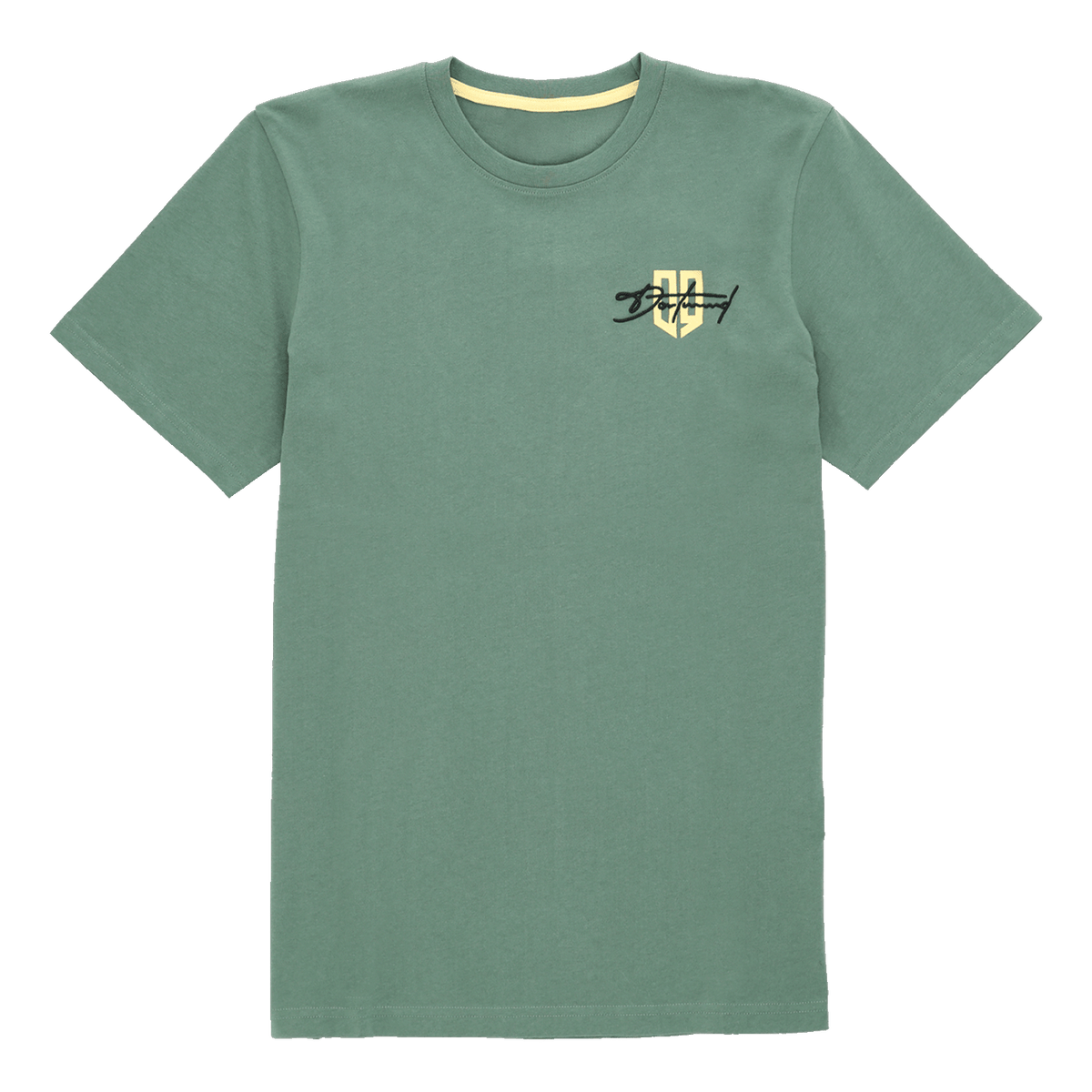 BVB T-Shirt in Duckgreen mit einem gelben und schwarzen Brustlogo, Vorderansicht, ideal für Freizeit und Fanartikel.