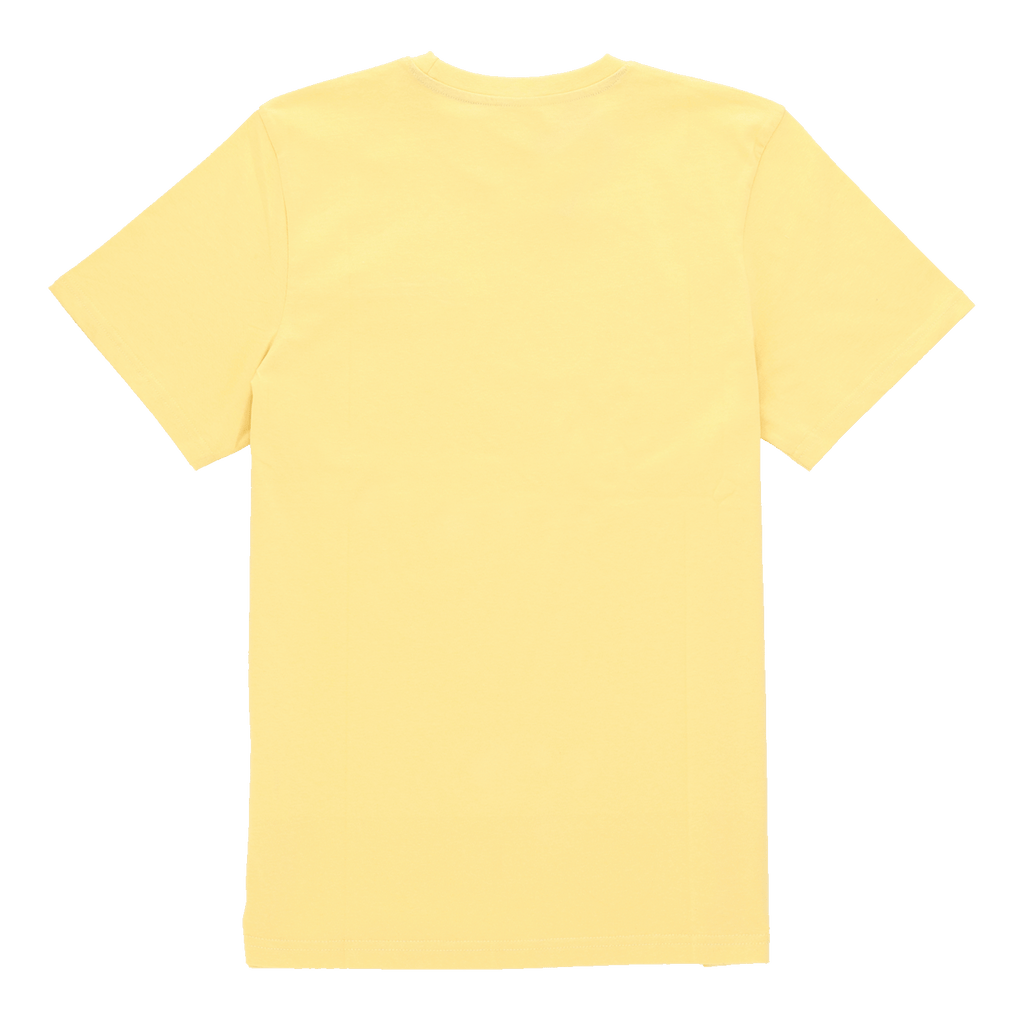 Die Rückansicht eines gelben kurzärmeligen T-Shirts, schlichtes Design.