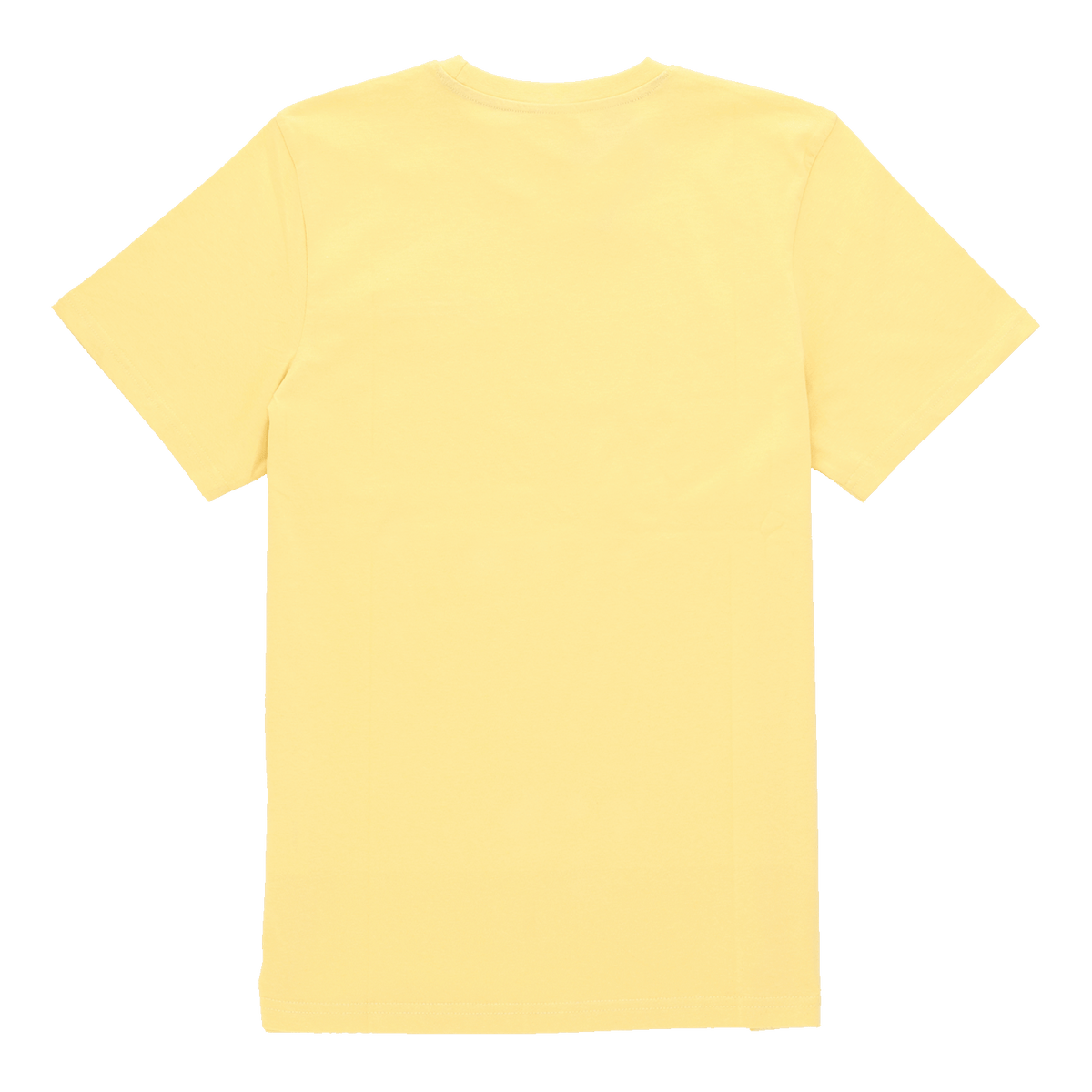 Die Rückansicht eines gelben kurzärmeligen T-Shirts, schlichtes Design.