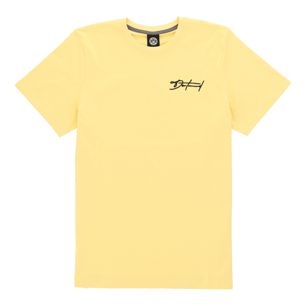 Gelbes T-Shirt von Borussia Dortmund mit rundem Halsausschnitt und schwarzgelbem Design, Vorderansicht.
