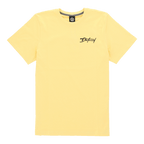 Gelbes T-Shirt von Borussia Dortmund mit rundem Halsausschnitt und schwarzgelbem Design, Vorderansicht.