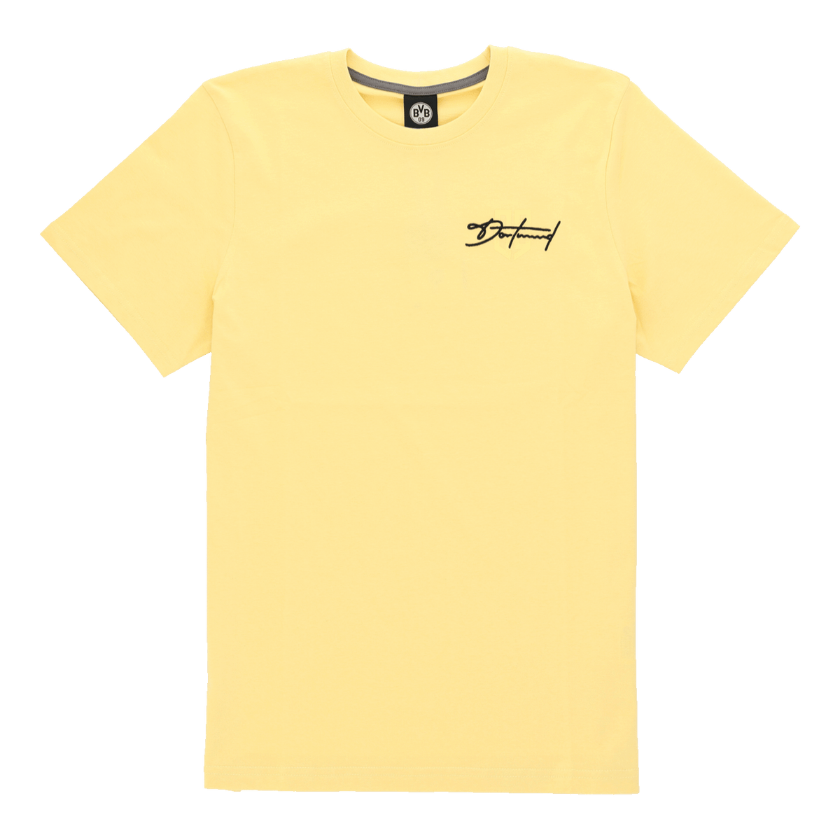 Gelbes T-Shirt von Borussia Dortmund mit rundem Halsausschnitt und schwarzgelbem Design, Vorderansicht.