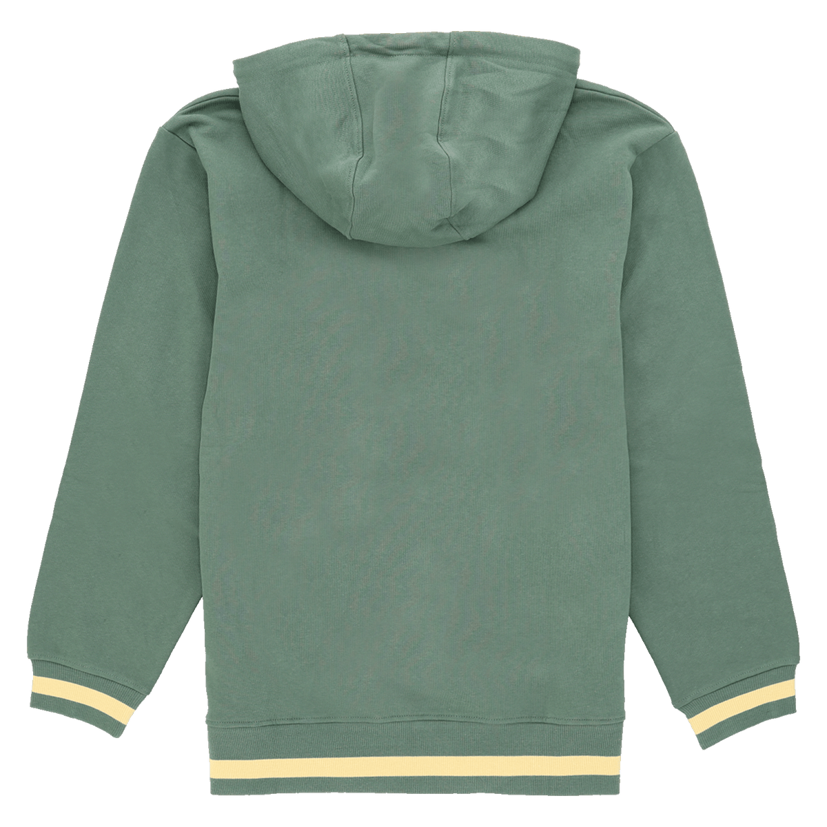 Rückansicht des BVB Hoodies Lifestyle in Duckgreen mit kontrastierenden gelben und weißen Detailstreifen.