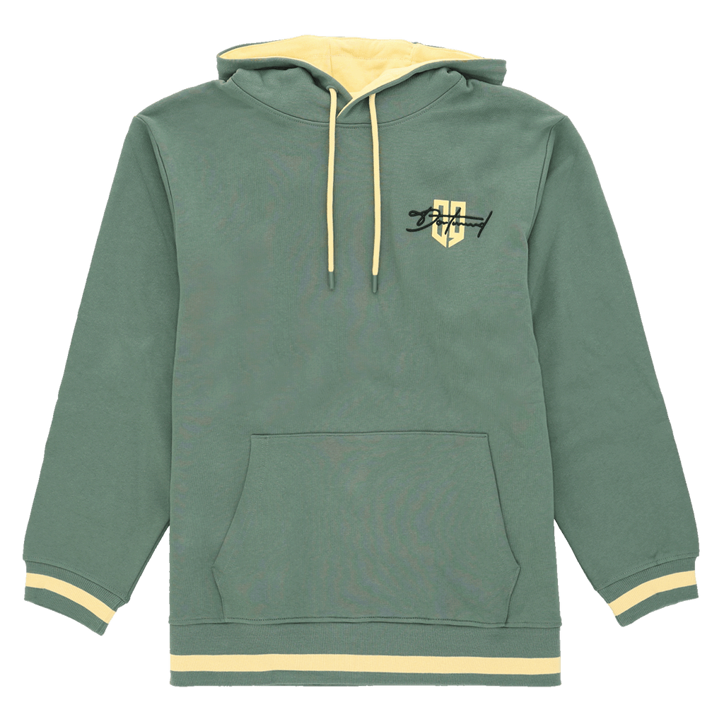 Grüner BVB Hoodie mit schwarzgelben Akzenten, Kängurutasche und BVB-Emblem auf der Brust, Vorderansicht.