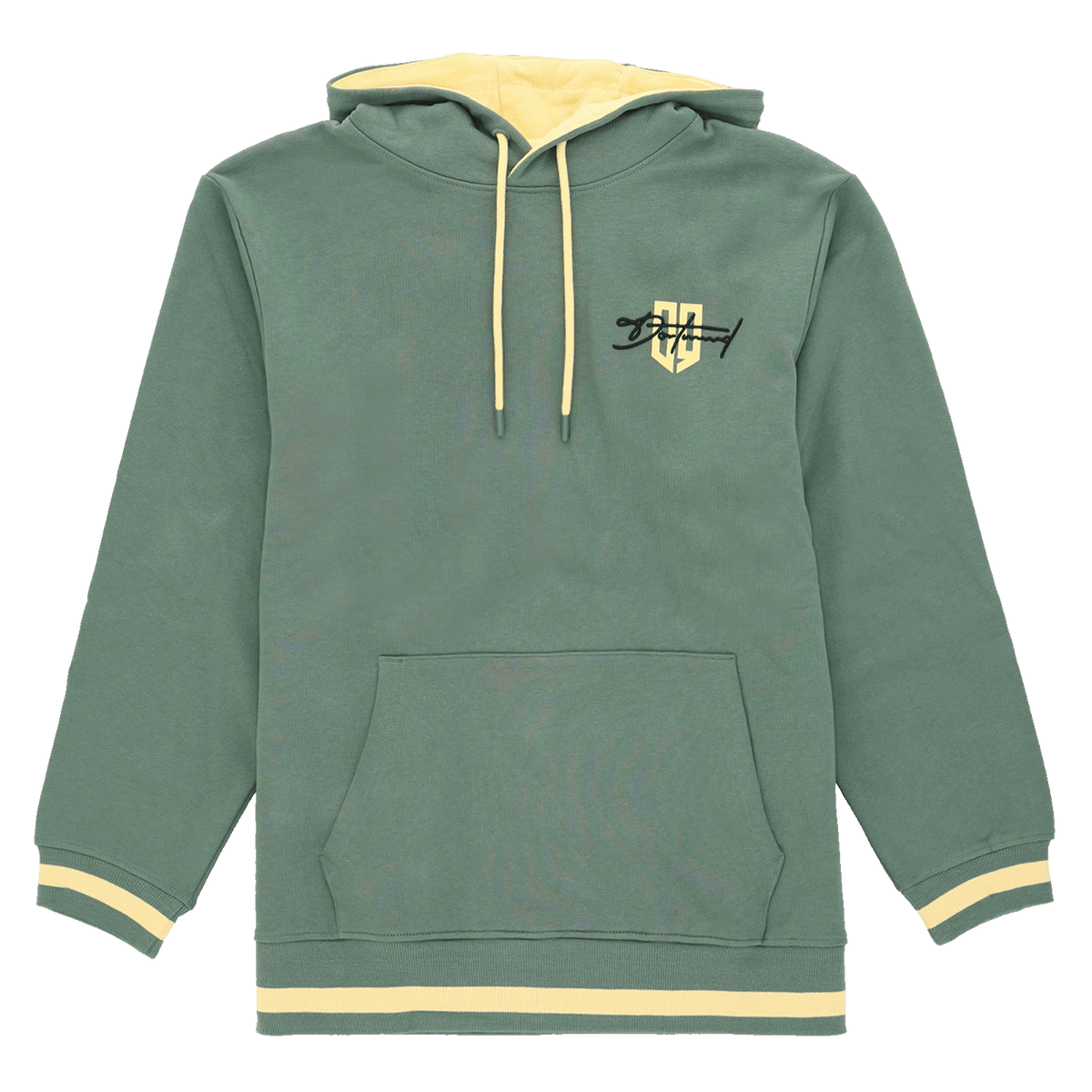 Grüner BVB Hoodie mit schwarzgelben Akzenten, Kängurutasche und BVB-Emblem auf der Brust, Vorderansicht.