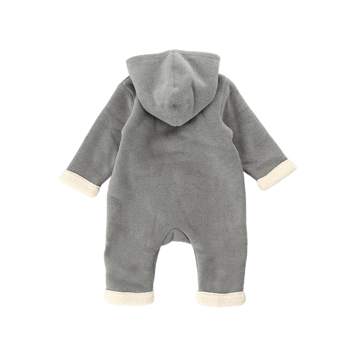 Grauer BVB Overall aus Teddyfleece für Babys, Rückansicht, mit Kapuze und cremefarbenen Bündchen.
