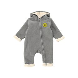 Gray baby onesie made of soft teddy fleece with a hood. Yellow BVB logo on the front. Perfect for little Borussia Dortmund fans.