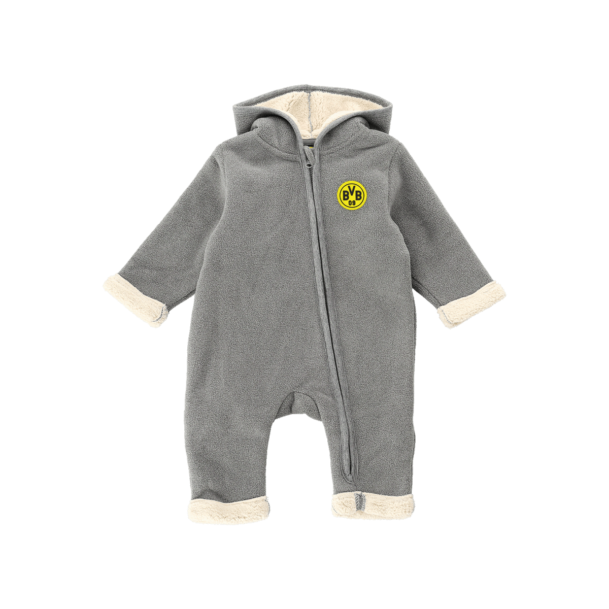 Grauer Baby Overall aus weichem Teddyfleece mit Kapuze. Gelbes BVB-Logo auf der Vorderseite. Ideal für kleine Fans von Borussia Dortmund.