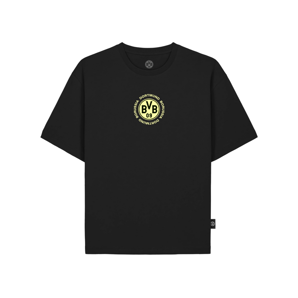 Schwarzes Kinder-T-Shirt des BVB mit leuchtendem Borussia Dortmund-Logo. Perfekt für junge Fans.