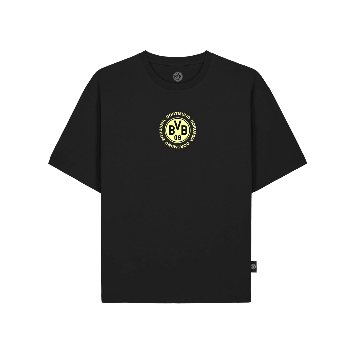 黑色多特蒙德（BVB）儿童T恤，正面视图，胸前印有醒目的黄色俱乐部徽标。