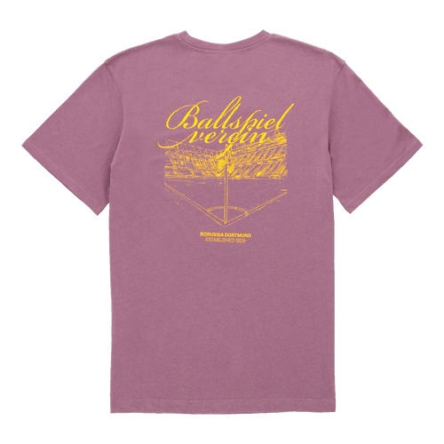 T-shirt violet du BVB avec un imprimé jaune représentant le SIGNAL IDUNA PARK, l'inscription « Ballspielverein » sur le devant et le logo du Borussia Dortmund. Un article de fan élégant à porter au quotidien.