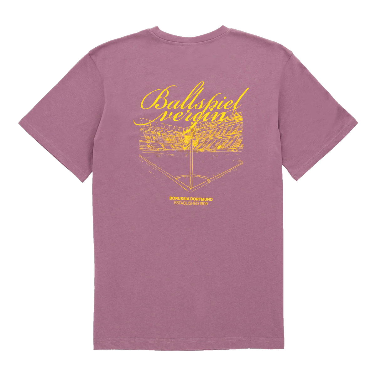 SIGNAL IDUNA PARKの黄色いプリントが入った紫色のBVB Tシャツ。前面には「Ballspielverein」の文字とボルシア・ドルトムントのロゴがあしらわれています。日常使いにもぴったりのスタイリッシュなファングッズです。