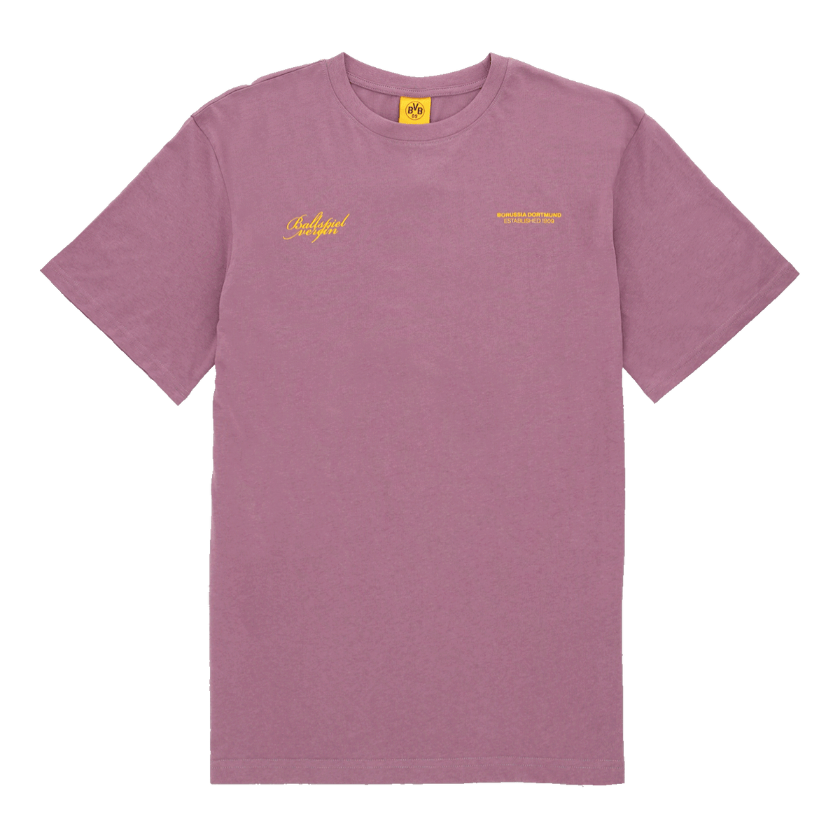 Kurzärmeliges violettes T-Shirt von Borussia Dortmund mit gelbem Vereinslogo und Ballspielverein-Schriftzug, ideal für Fans und Freizeit.