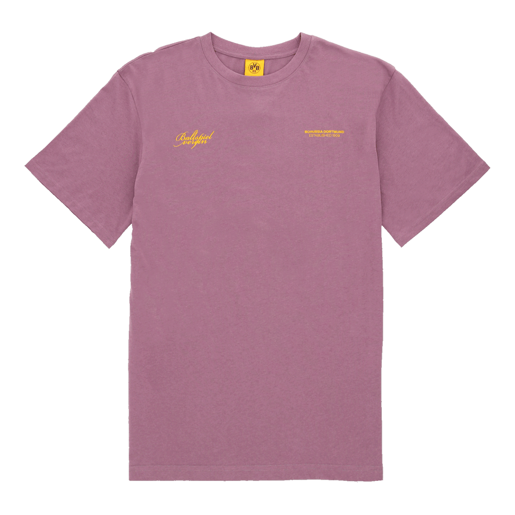 Camiseta violeta de manga corta del Borussia Dortmund con el logotipo amarillo del club y la inscripción «Ballspielverein», ideal para los aficionados y para el tiempo libre.