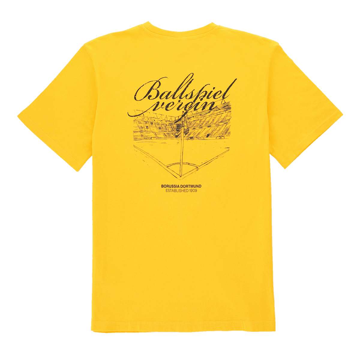 Gelbes BVB T-Shirt mit großem Ballspielverein-Schriftzug und stilisierter Stadion-Grafik auf der Rückseite, ideal für Borussia Dortmund Fans.