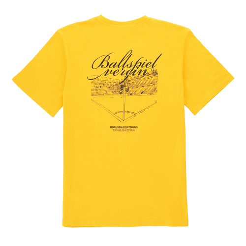 Gelbes BVB T-Shirt mit großem Ballspielverein-Schriftzug und stilisierter Stadion-Grafik auf der Rückseite, ideal für Borussia Dortmund Fans.