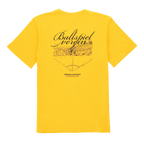 Gelbes BVB T-Shirt mit großem Ballspielverein-Schriftzug und stilisierter Stadion-Grafik auf der Rückseite, ideal für Borussia Dortmund Fans.
