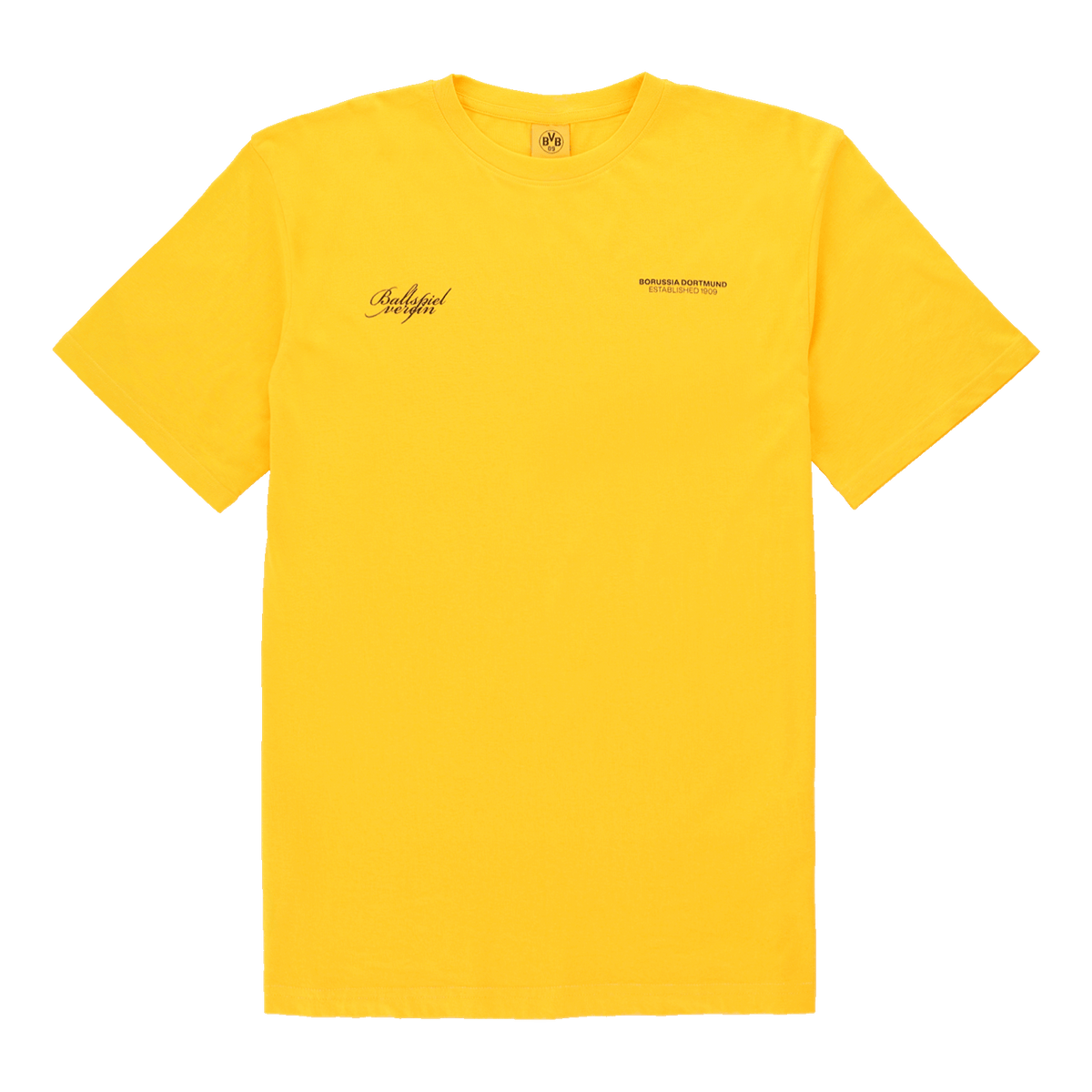 Gelbes T-Shirt des BVB mit klassischem Design, Ballspielverein-Logo und Borussia Dortmund Schriftzug, ideal für Fans.