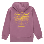 Lila BVB-Kapuzenpullover mit gelbem Schriftzug 'Ballspielverein', Stadionmotiv und 'Borussia Dortmund Established 1909' auf der Rückseite, ideal für Fans.