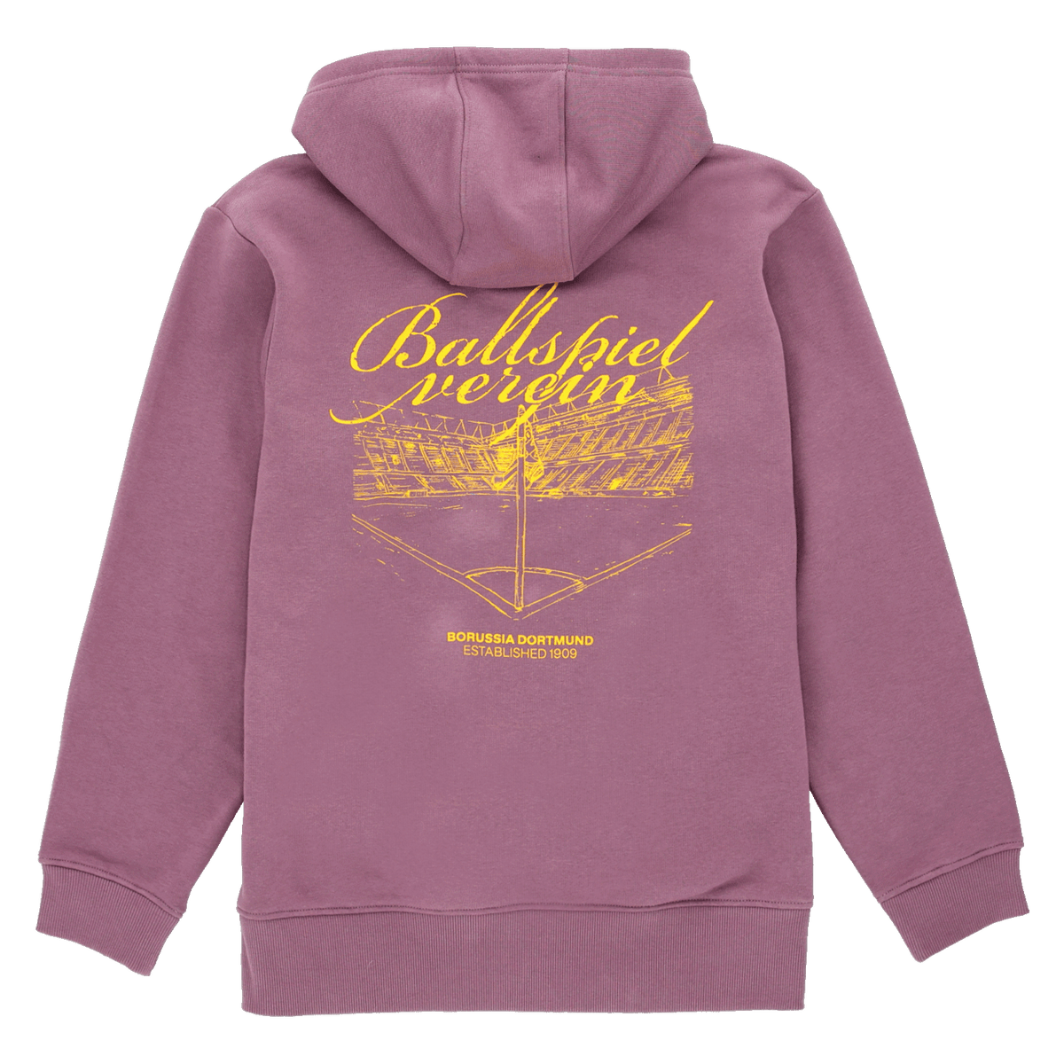 Lila BVB-Kapuzenpullover mit gelbem Schriftzug 'Ballspielverein', Stadionmotiv und 'Borussia Dortmund Established 1909' auf der Rückseite, ideal für Fans.