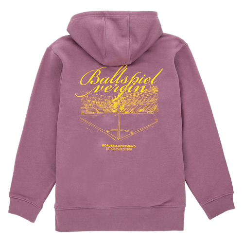 Lila BVB-Kapuzenpullover mit gelbem Schriftzug 'Ballspielverein', Stadionmotiv und 'Borussia Dortmund Established 1909' auf der Rückseite, ideal für Fans.