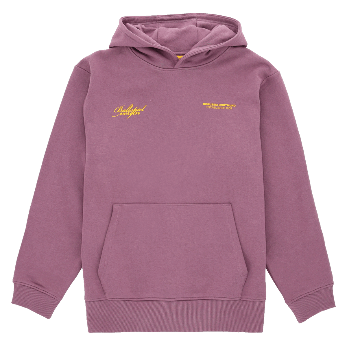 Sweat à capuche violet du BVB avec l'inscription « Ballspielverein » en jaune et le logo du Borussia Dortmund sur la poitrine, sportif et confortable.