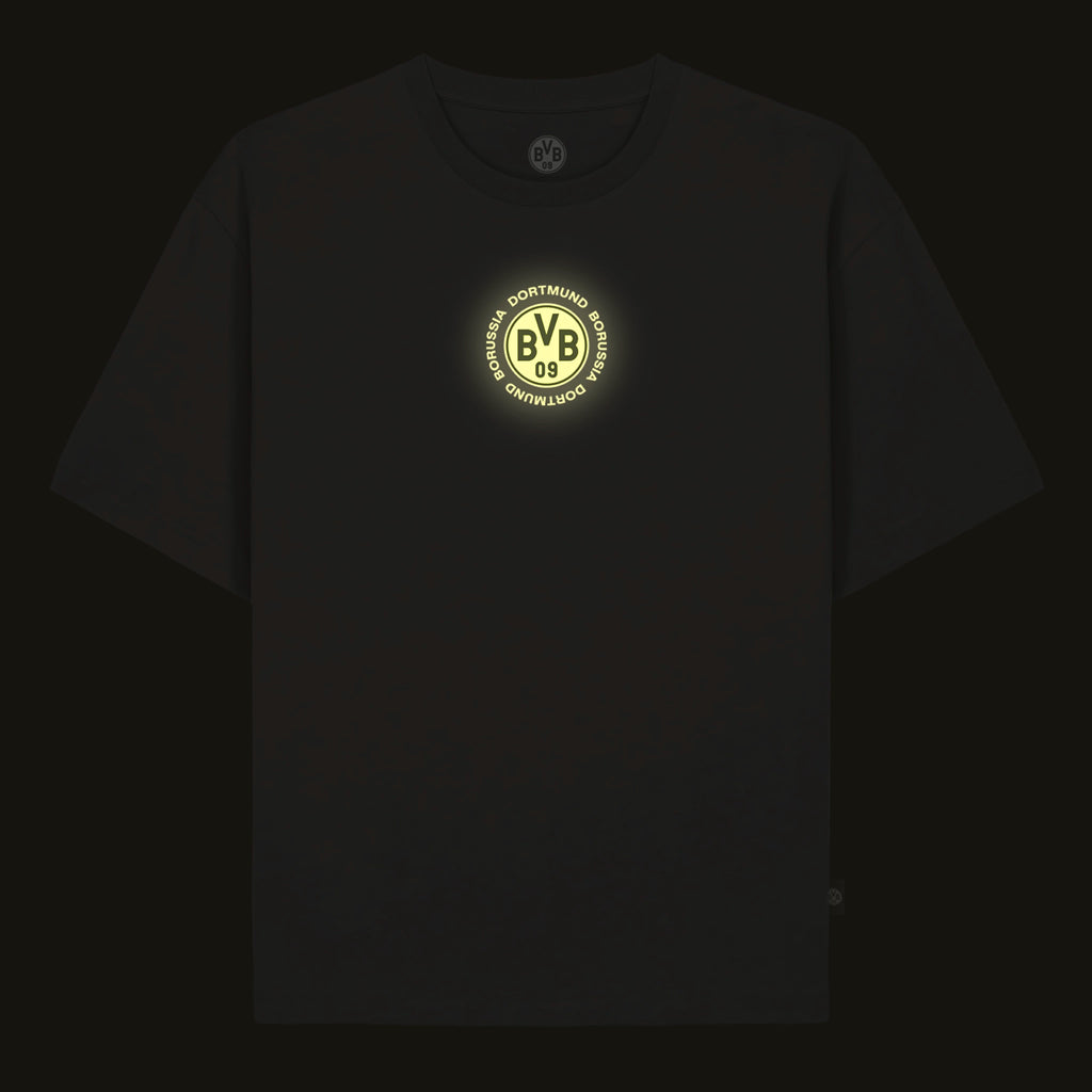 Black BVB T-shirt with a glow-in-the-dark effect and a glowing BVB logo in the center. Fan merchandise.