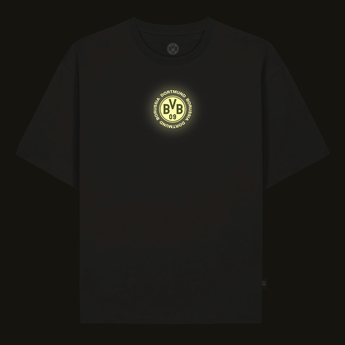 Black BVB T-shirt with a glow-in-the-dark effect and a glowing BVB logo in the center. Fan merchandise.