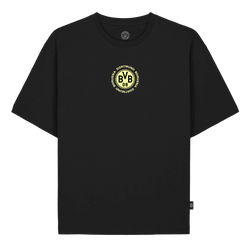 Maglietta nera del BVB “Glow” con logo giallo del BVB sul petto, vista frontale. Ideale per i tifosi del Borussia Dortmund.