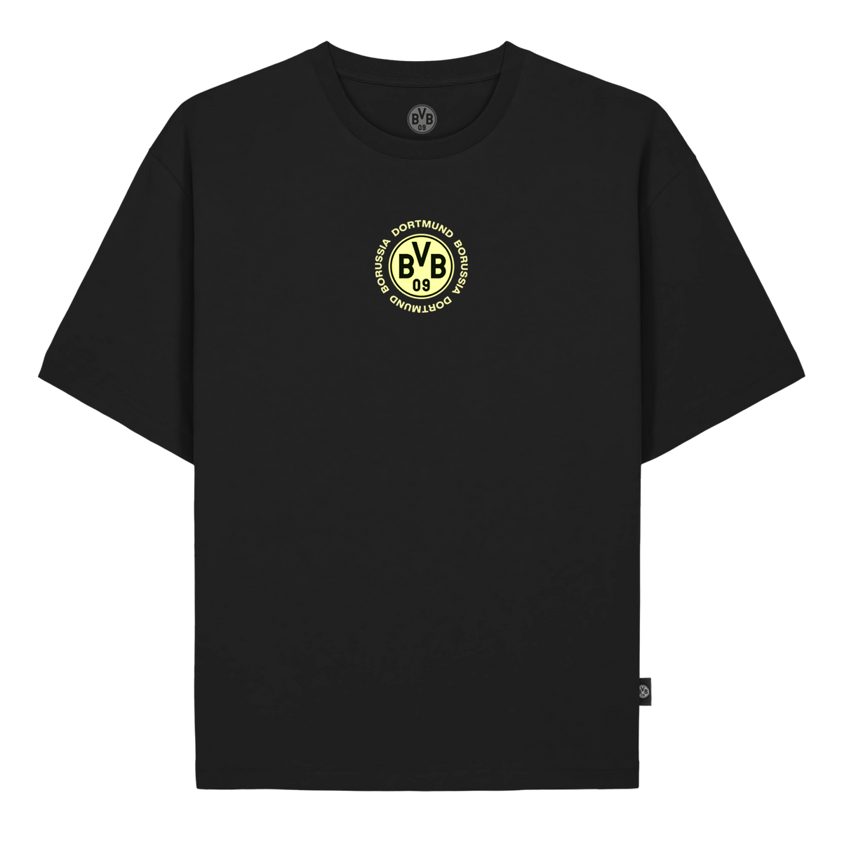 黑色多特蒙德（BVB）T恤“Glow”，胸前印有黄色多特蒙德（BVB）队徽，正面图。非常适合多特蒙德球迷。