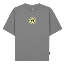 Maglietta grigia del BVB con logo BVB luminoso sul petto, modello a maniche corte, ideale per i tifosi del Borussia Dortmund.