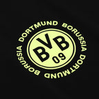 Schwarzer BVB-Hoodie in Rückansicht, Kapuze ohne sichtbare Logos, schlichtes schwarzgelbes Design, Fanartikel von Borussia Dortmund.