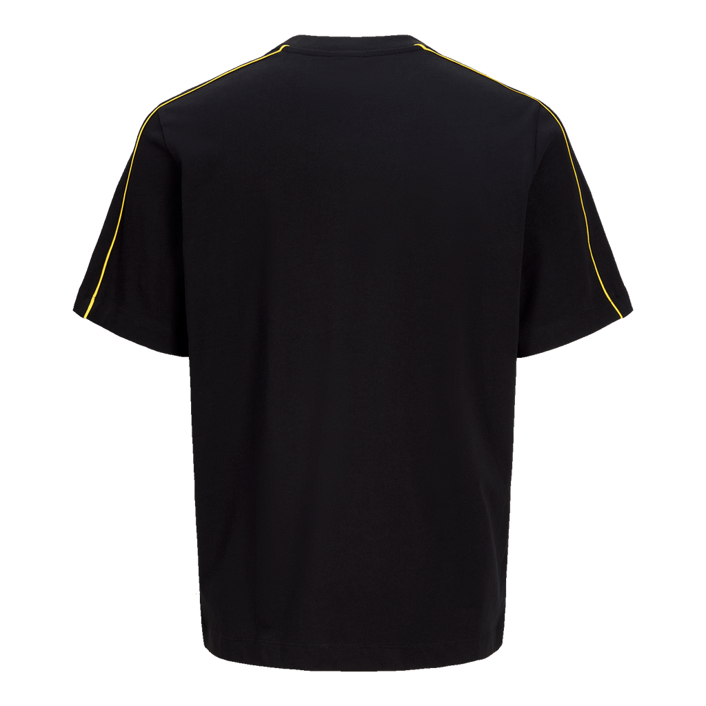 Rear view of a black BVB T-shirt with yellow lines on the sleeves; simple design.
