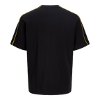 Rear view of a black BVB T-shirt with yellow lines on the sleeves; simple design.