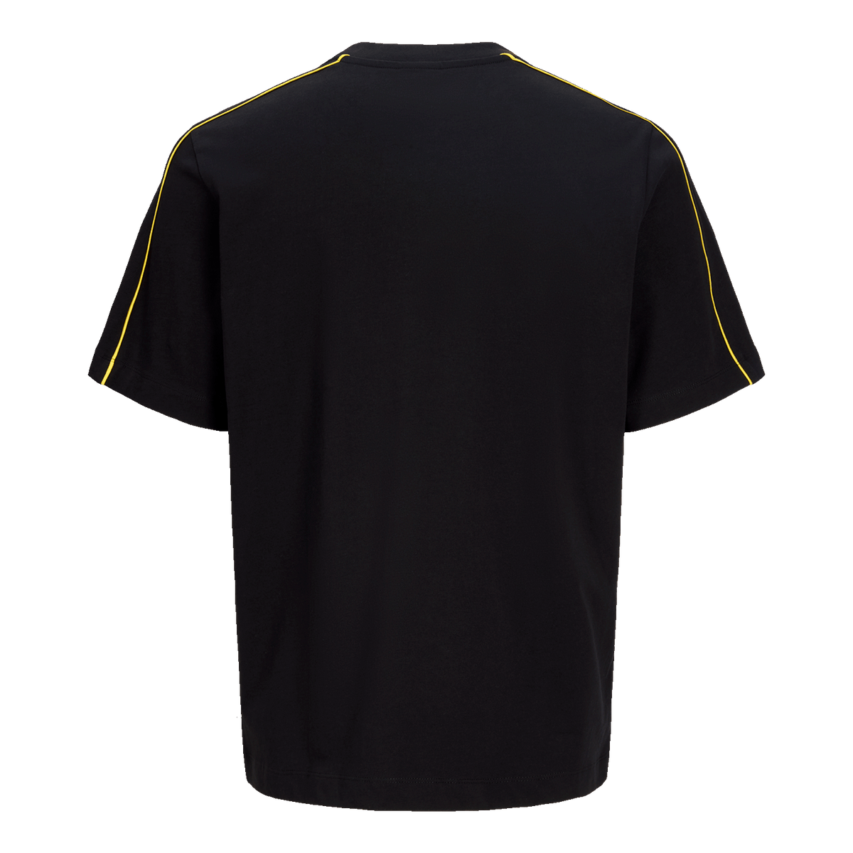 Rückansicht eines schwarzen BVB-T-Shirts mit gelben Linien an den Ärmeln, schlichtes Design.