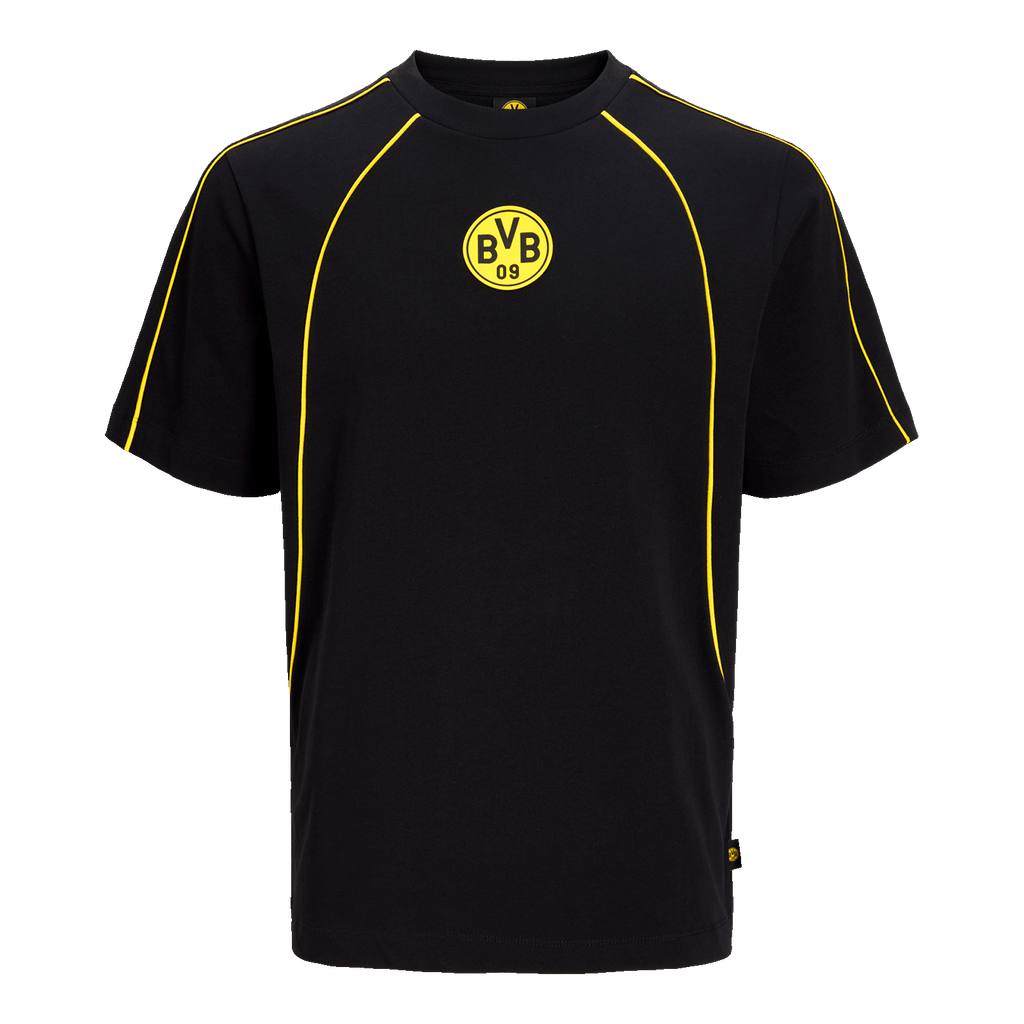 Black-and-yellow BVB T-shirt with the BVB emblem on the chest and yellow stitching, front view.