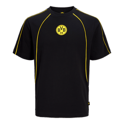 Black-and-yellow BVB T-shirt with the BVB emblem on the chest and yellow stitching, front view.