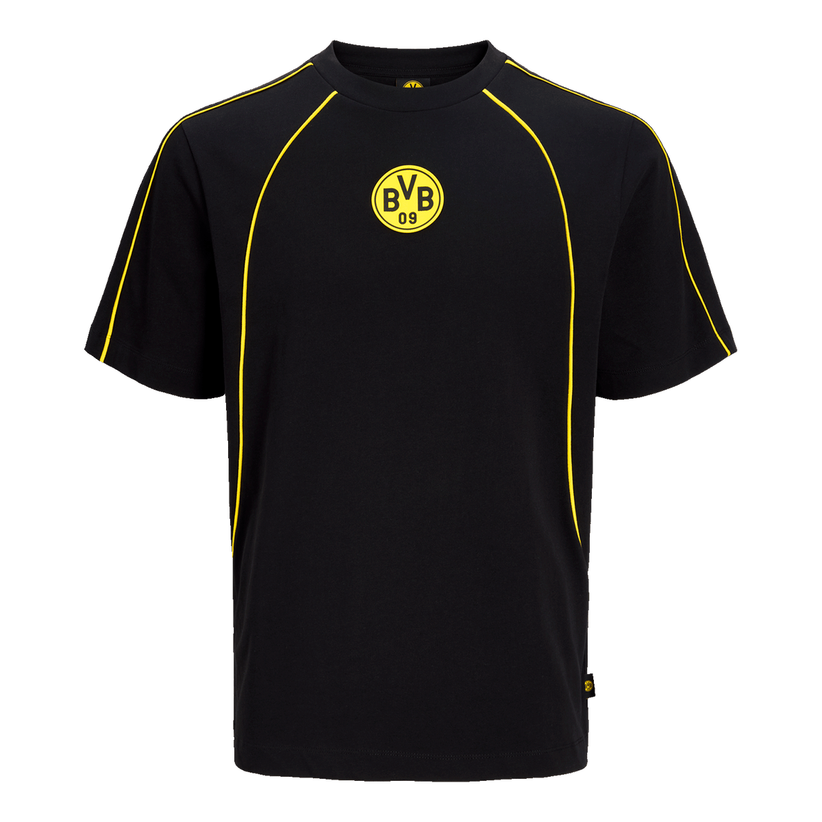 Schwarzgelbes BVB-T-Shirt mit BVB-Emblem auf der Brust und gelben Nähten, Vorderansicht.