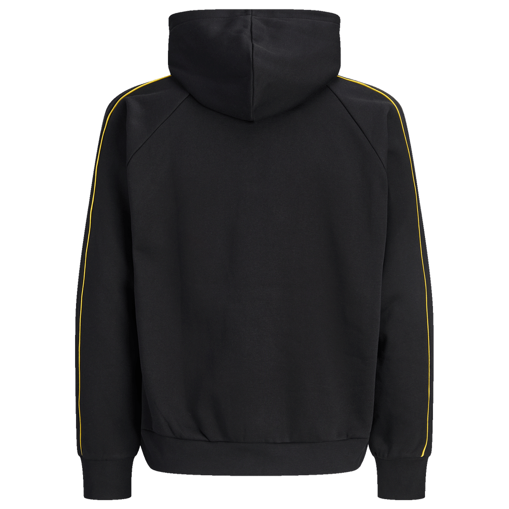 Rückansicht eines schwarzen BVB-Hoodies mit gelben Streifen entlang der Ärmel. Ideal für Fans von Borussia Dortmund.