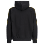 Rückansicht eines schwarzen BVB-Hoodies mit gelben Streifen entlang der Ärmel. Ideal für Fans von Borussia Dortmund.