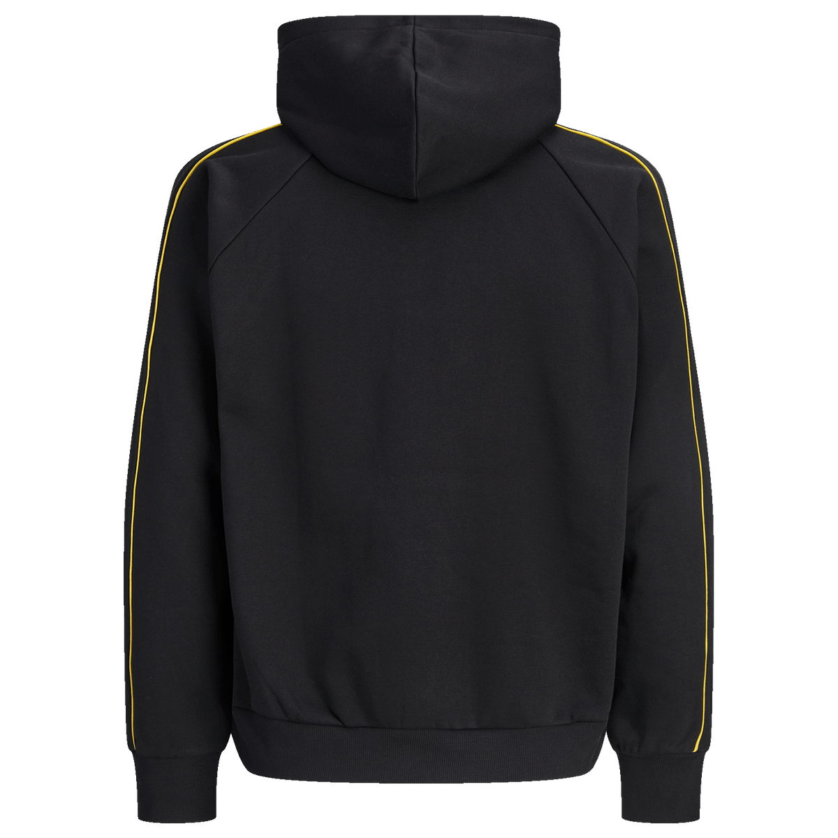 Rückansicht eines schwarzen BVB-Hoodies mit gelben Streifen entlang der Ärmel. Ideal für Fans von Borussia Dortmund.