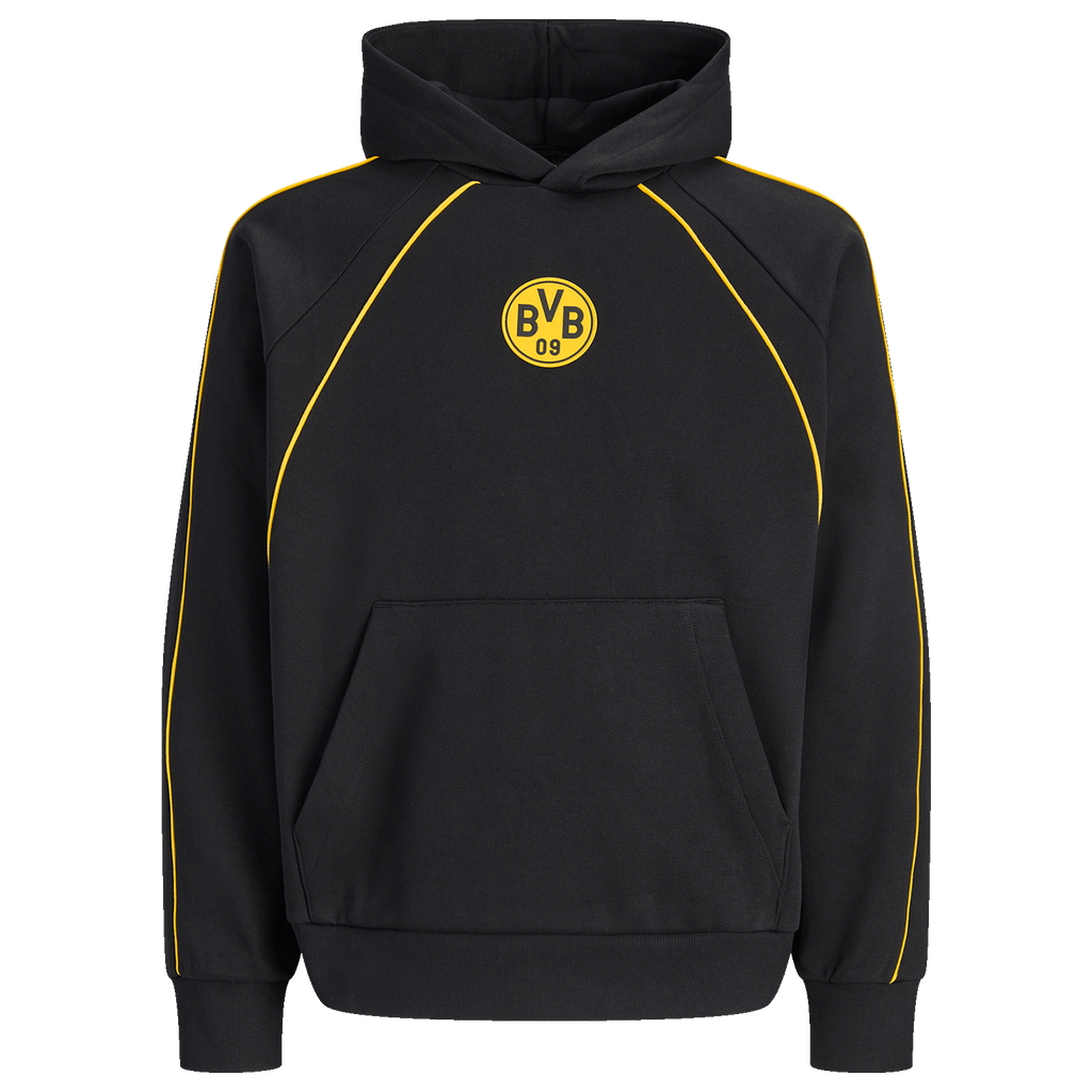 Schwarzer BVB-Hoodie mit gelben Streifendetails und BVB 09-Logo, ideal für Fans von Borussia Dortmund.