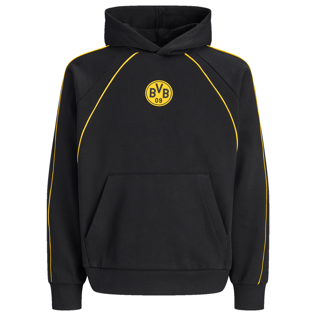 Schwarzer BVB-Hoodie mit gelben Streifendetails und BVB 09-Logo, ideal für Fans von Borussia Dortmund.
