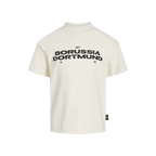 Beige, short-sleeved BVB Essentials II T-shirt for kids with black "Borussia Dortmund" lettering and a "1909" print.