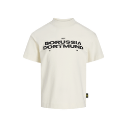 Beiges kurzärmeliges BVB T-Shirt Essentials II für Kinder mit schwarzem Borussia Dortmund Schriftzug und 1909-Aufdruck.